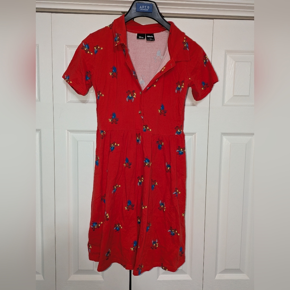 Disney Cakeworthy Red Mini Dress with 626 Stitch Pattern.